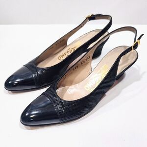 Salvatore Ferragamo Slingback Pump Black Patent Toe w/ Texture Leather W 6.5 AAA